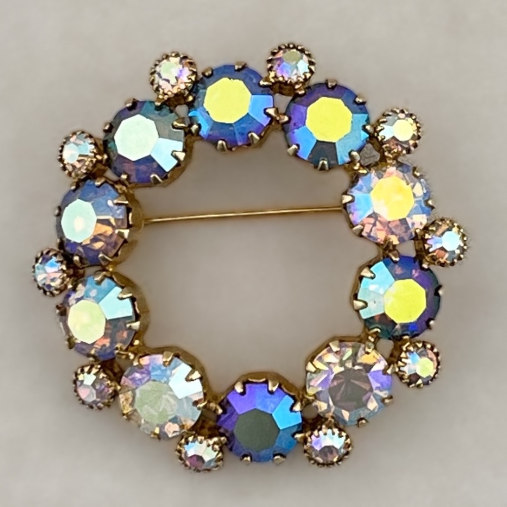 Vintage AB Rhinestone Open Circle Wreath Brooch AB Blue And Clear Rhinestones